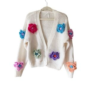 Dreamers by Debut 3D Knitted Flower Cardigan in Cream Size S